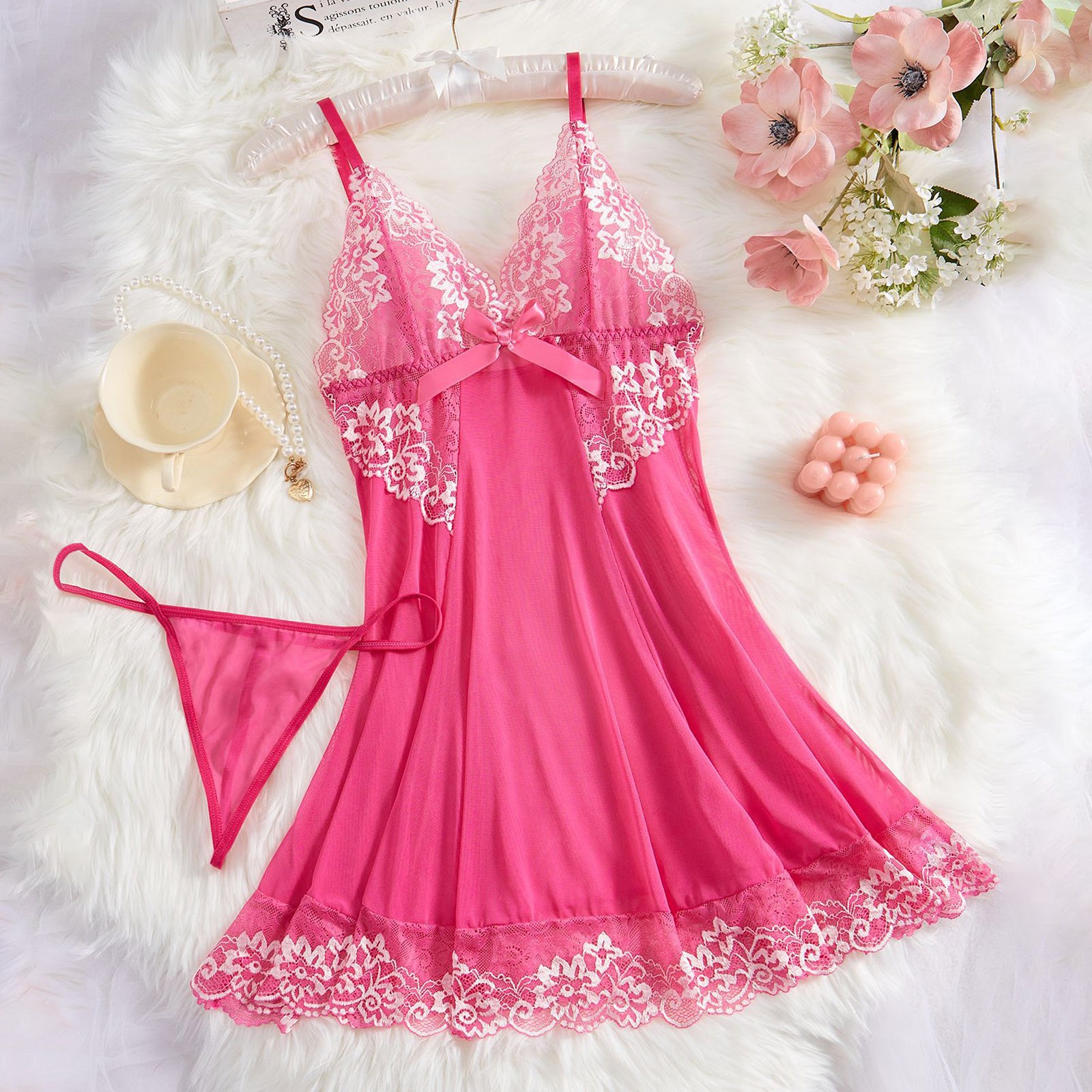 thumbnail image 5 of Body sexy de encaje para mujer con liguero - Conjunto de camisón de malla transparente, lencería de poliéster y spandex para ocasiones especiales, 5 of 5